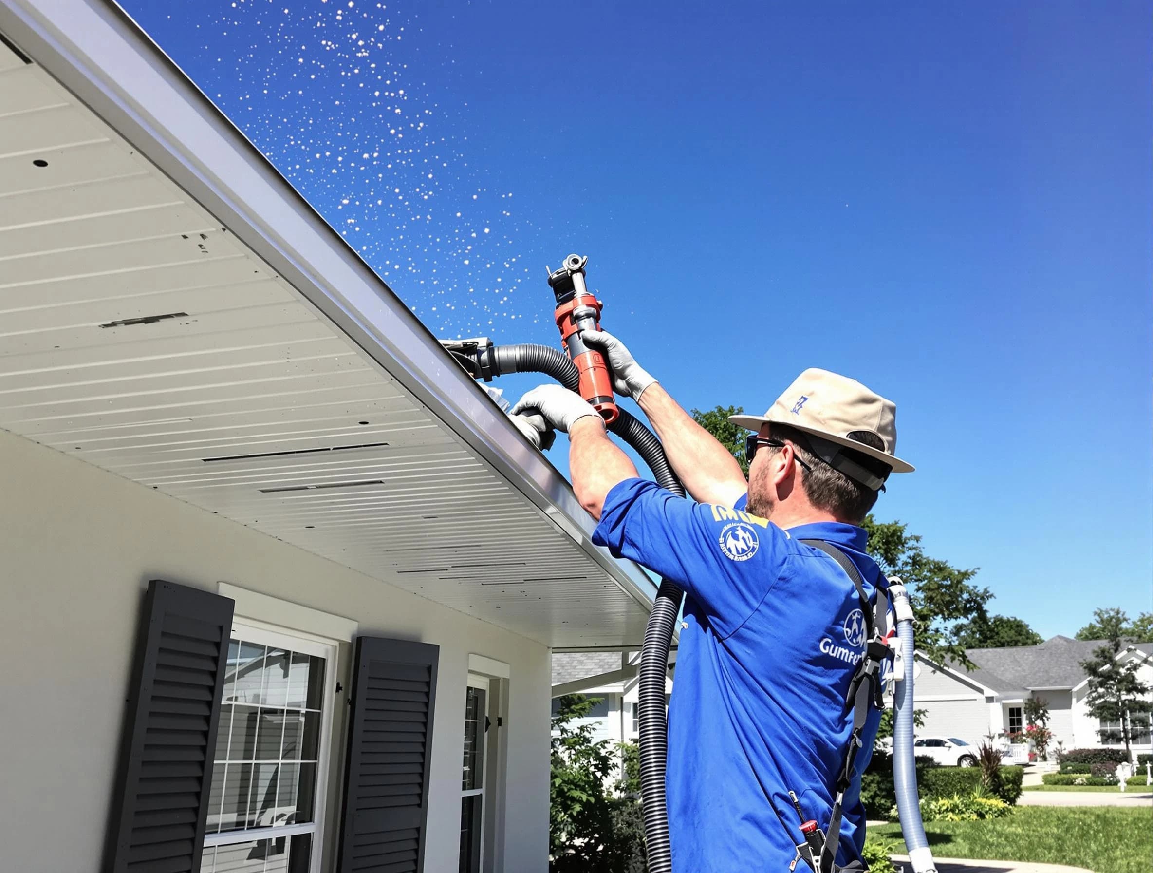 Technician completing a gutter cleaning project by East Cleveland Roofing Company in East Cleveland, OH