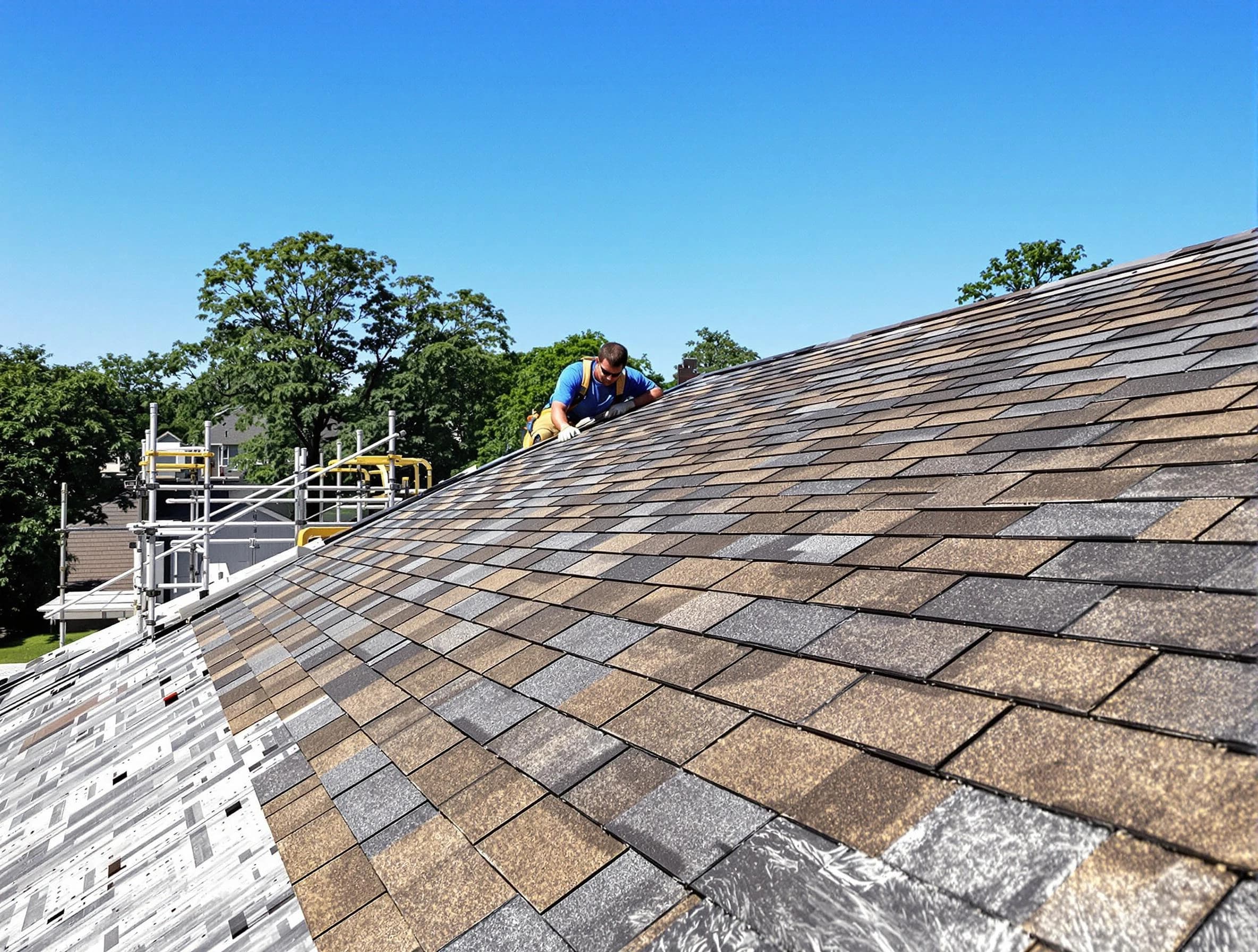 Close-up of new shingles installed by East Cleveland Roofing Company in East Cleveland, OH